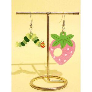 1 Pair Unique Acrylic Hungry Caterpillar Eating Strawberry Design Women Earring
